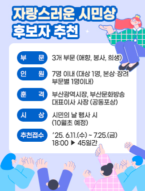 자랑스러운 시민상 후보자 추천
    1) 부    문: 3개 부문 (애향, 봉사, 희생)
    2) 인    원: 7명 이내 (대상 1명, 본상‧장려 부문별 1명이내)
    3) 훈    격: 부산광역시장, 부산문화방송 대표이사 사장(공동포상)
    4) 시    상: 시민의 날 행사 시 (10월 초 예정)
    5) 추천접수: 2025. 6. 11.(수) ~ 7. 25.(금) 18:00 ▸ 45일간