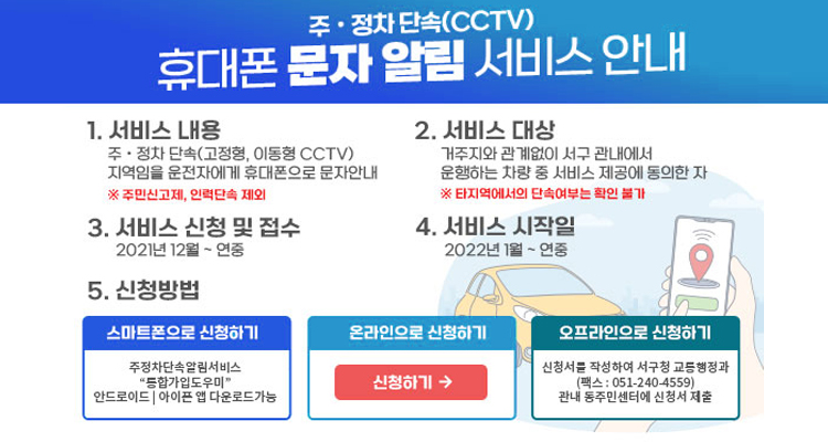 주ㆍ정차 단속(CCTV) 휴대폰 문자 알림 서비스 안내 1. 서비스 내용 : 주ㆍ정차 단속(고정형, 이동형 CCTV)지역임을 운전자에게 휴대폰으로 문자안내 ※ 주민신고제, 인력단속 제외 2. 서비스 대상 : 거주지와 관계없이 서구 관내에서 운행하는 차량 중 서비스 제공에 동의한 자 ※ 타지역에서의 단속여부는 확인 불가 3. 서비스 신청 및 접수 : 2021년 12월 ~ 연중 4. 서비스 시작일 : 2022년 1월 ~ 연중 5. 신청방법 : 스마트폰으로 신청하기 주정차단속알림서비스  ‘통합가입도우미’ 안드로이드, 아이폰 앱다운로드 가능; 온라인으로 신청하기 : 자세히 보기, 오프라인으로 신청하기 뒷면의 신청서를 작성하여서구청 교통행정과(팩스 : 051-240-4559)관내 동주민센터에 신청서 제출!!