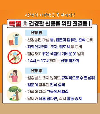 산행시 이것만은 꼭 지키자!
폭염 건강한 산행을 위한 첫걸음 !
산행 전
산행동안 마실 물, 염분이 함유된 간식 준비
자외선차단제, 모자, 팔토시 등 준비
헐렁하고 밝은 색깔의 가벼운 옷 입기
14시 ~ 17시까지는 산행 피하기
산행 중
갈증을 느끼지 않아도 규칙적으로 수분 섭취
염분이 함유된 간식 섭취
가급적 자주 그늘에서 휴식
날씨가 너무 덥다면, 즉시 활동 중지