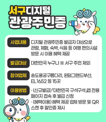 서구 디지털 관광주민증
    ○ 사업내용: 디지털 관광주민증 발급자 대상으로 관람, 체험, 숙박, 식음 등 여행
                편의시설 방문 시 이용 혜택 제공
    ○ 발급대상: 대한민국 누구나 ※ 서구 주민 제외
    ○ 참여업체: 송도용궁구름다리, 윈덤그랜드부산, EL16.52 등 15곳
    ○ 이용방법
      ▷ (신규발급)「대한민국 구석구석」앱 전용 페이지 접속 후 발급 신청
      ▷ (혜택이용) 혜택 제공 업체 방문 및 QR 스캔 후 할인증 제시