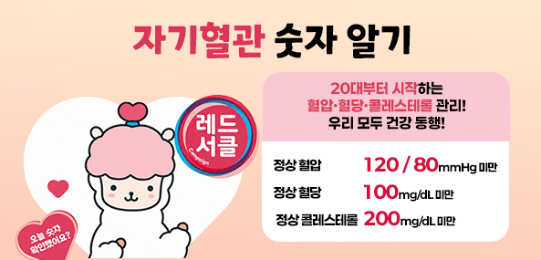 자기혈관 숫자알기
레드서클
오늘 숫자 확인했어요?
20대부터 시작하는 혈압·혈당·콜레스테롤 관리!
우리 모두 건강 동행!
자기혈관 숫자알기
정상 혈압 120/80
정상혈당 100
정상 콜레스테롤 200